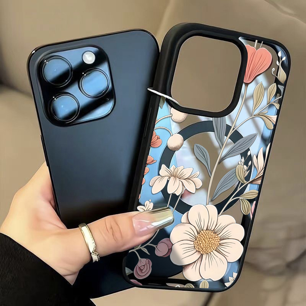 Magnetic Phone Case - เคสโทรศัพท์ลายดอกไม้ขอบดำ ป้องกันการตก สำหรับ iPhone 17 14