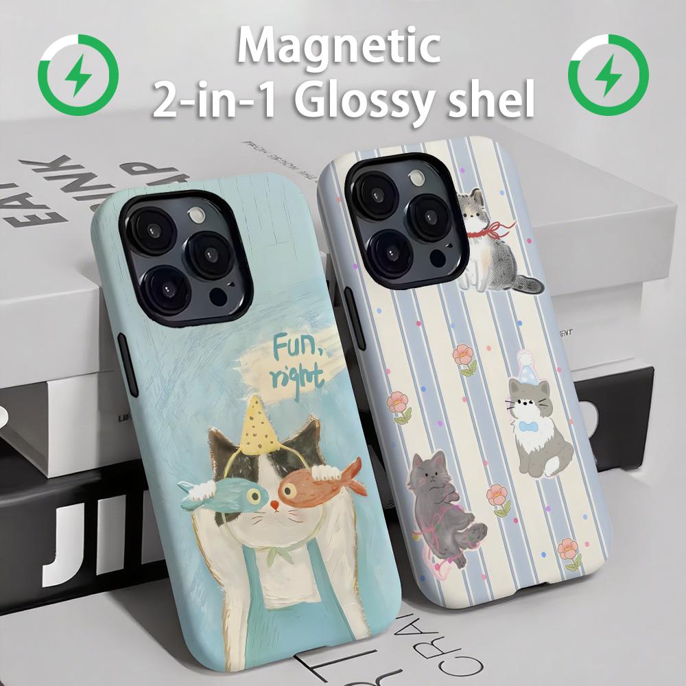 Magnetic Phone Case - แมวและสุนัขน่ารักเคสโทรศัพท์แม่เหล็ก 2-in-1 Glossy SHELL สําหรับ iPhone