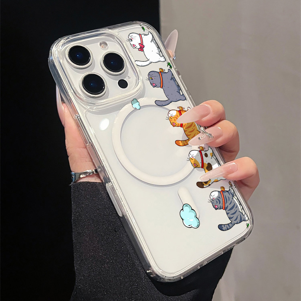 Magnetic Phone Case - เคสโทรศัพท์ใสลายการ์ตูนแมวน่ารักสำหรับ iPhone 17 11 12 13